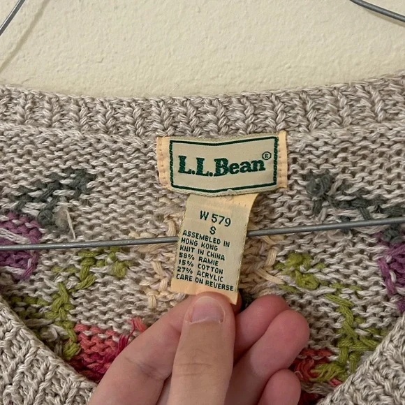 Vintage L.L. Bean Floral Knit Women's Sweater Tan/pink Button Up Cotton Ramie S - Picture 7 of 11